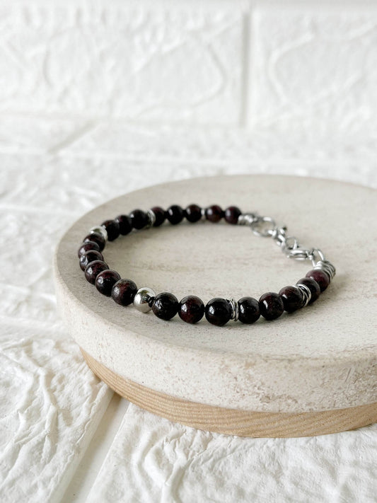 Pulsera de Acero Quirúrgico y Piedra Natural Granate