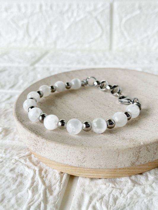Pulsera de Acero Quirúrgico y Piedra Natural Selenita