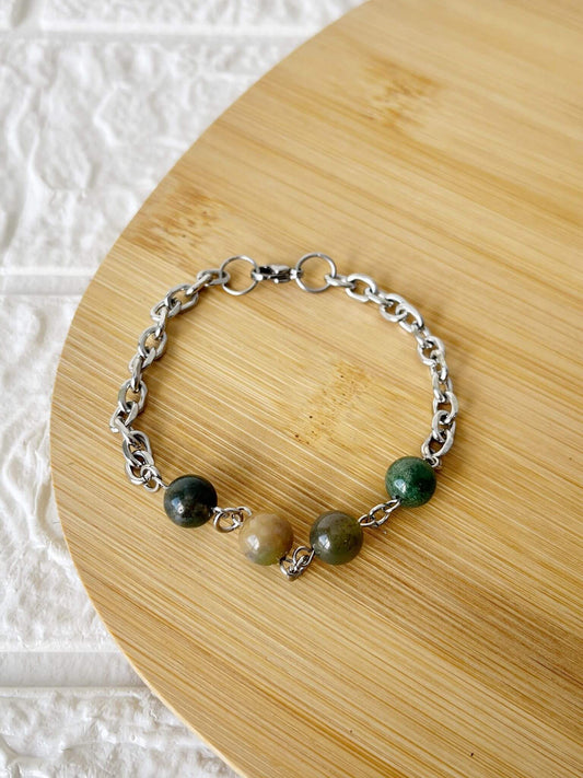 Pulsera de Acero Quirúrgico y Piedra Natural Ágata Musgo