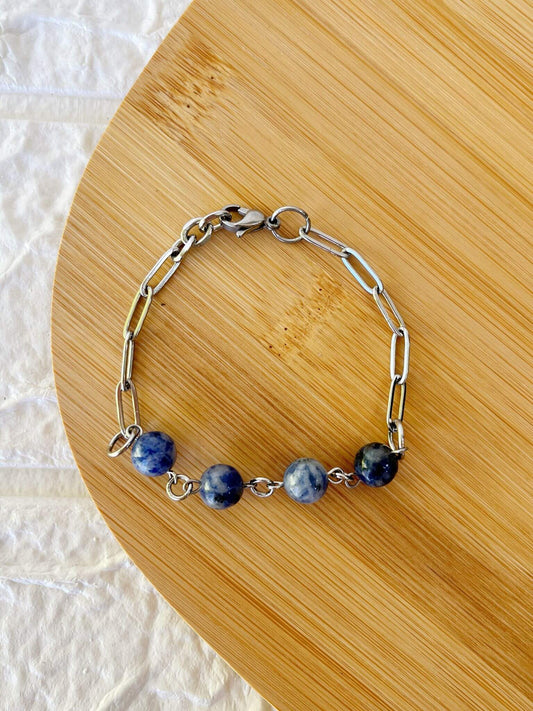 Pulsera de Acero Quirúrgico y Piedra Natural Sodalita