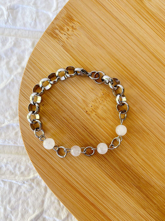 Pulsera de Acero Quirúrgico y Piedra Natural Cuarzo Blanco