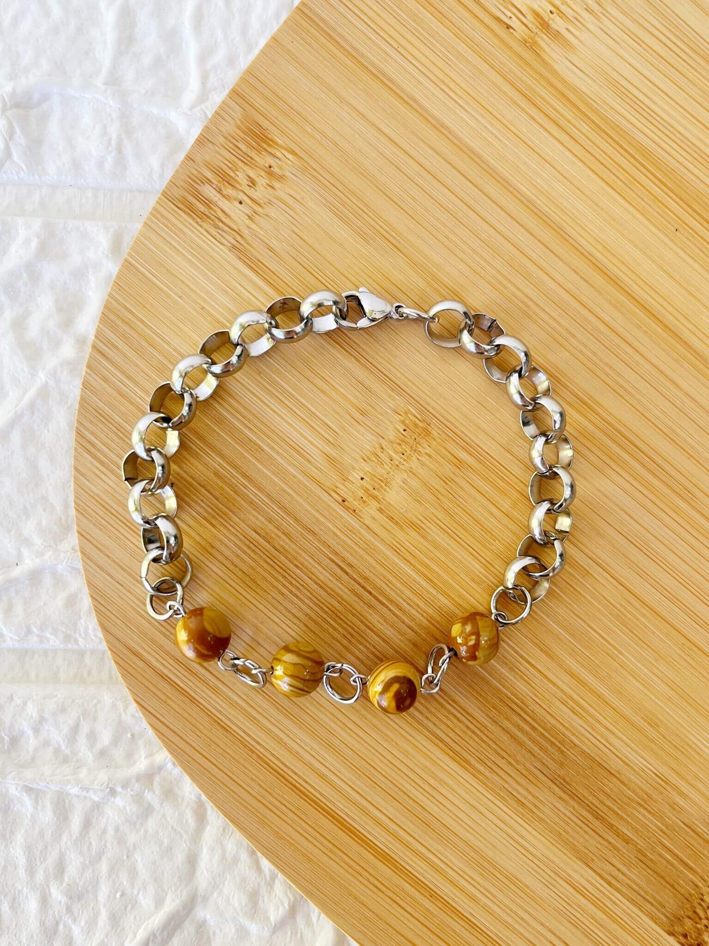 Pulsera de Acero Quirúrgico y Piedra Natural Jaspe Madera