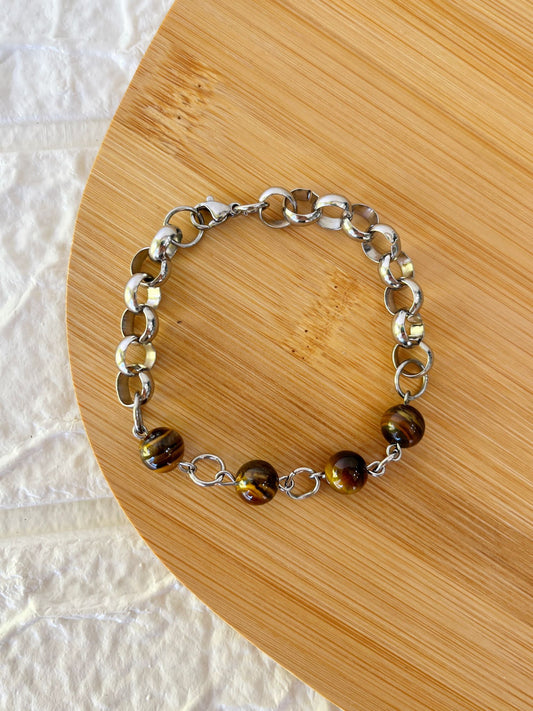 Pulsera de Acero Quirúrgico y Piedra Natural Ojo de Tigre