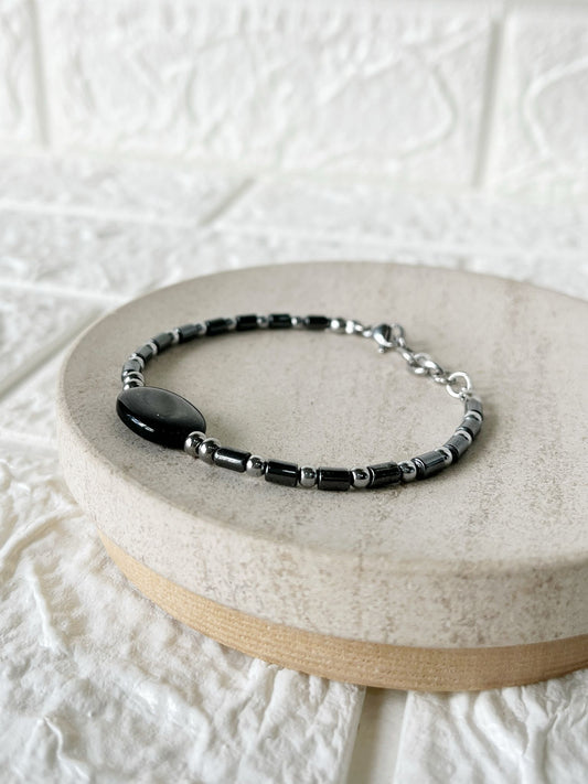 Pulsera de Acero Quirúrgico, Piedra Natural Ónix y Hematite