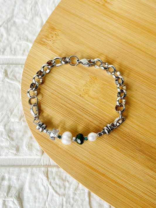 Pulsera de Acero, Cristales, Hematite y Perlas