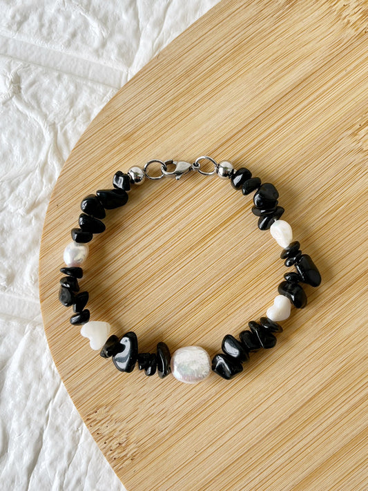 Pulsera de Acero, Perlas y Piedras Naturales Obsidiana