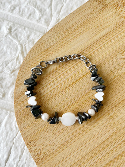 Pulsera de Acero, Perlas y Piedra Natural Hematite