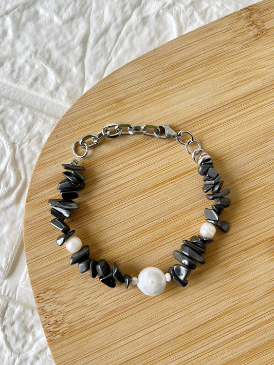 Pulsera de Acero, Perlas y Piedra Natural Hematite