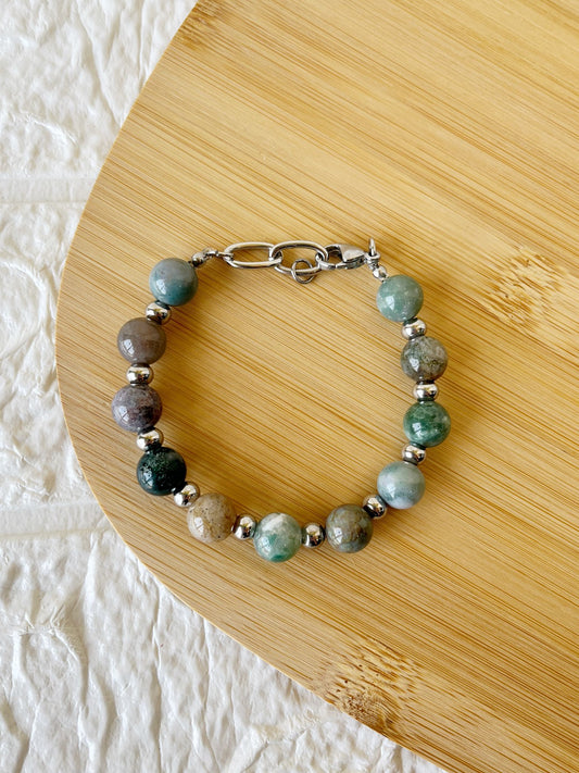 Pulsera de Acero Quirúrgico y Piedra Natural Ágata Musgo