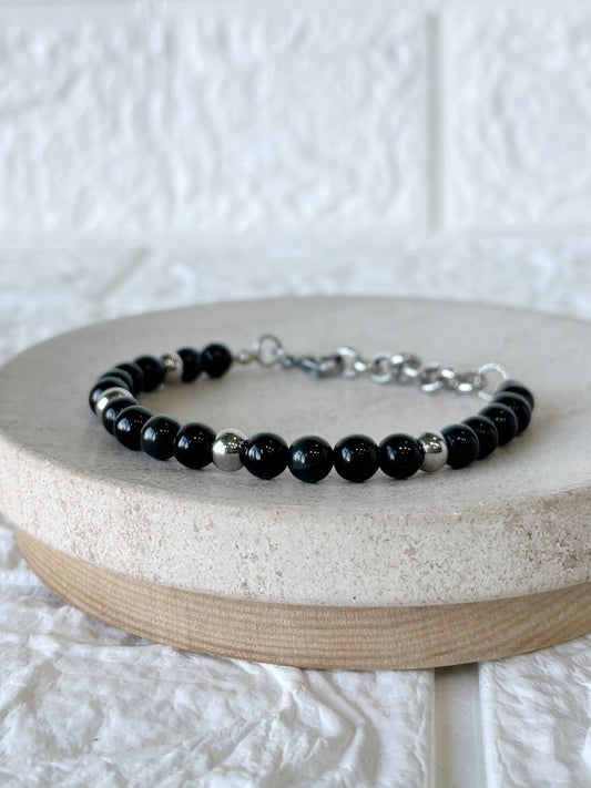 Pulsera de Acero Quirúrgico y Piedras Naturales Obsidiana