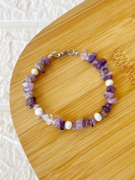 Pulsera de Acero, Piedra Natural Amatista y Perlas de Río