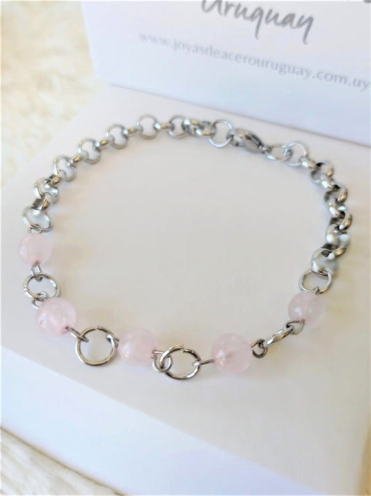 Pulsera de Acero Quirúrgico y Cuarzo Rosa